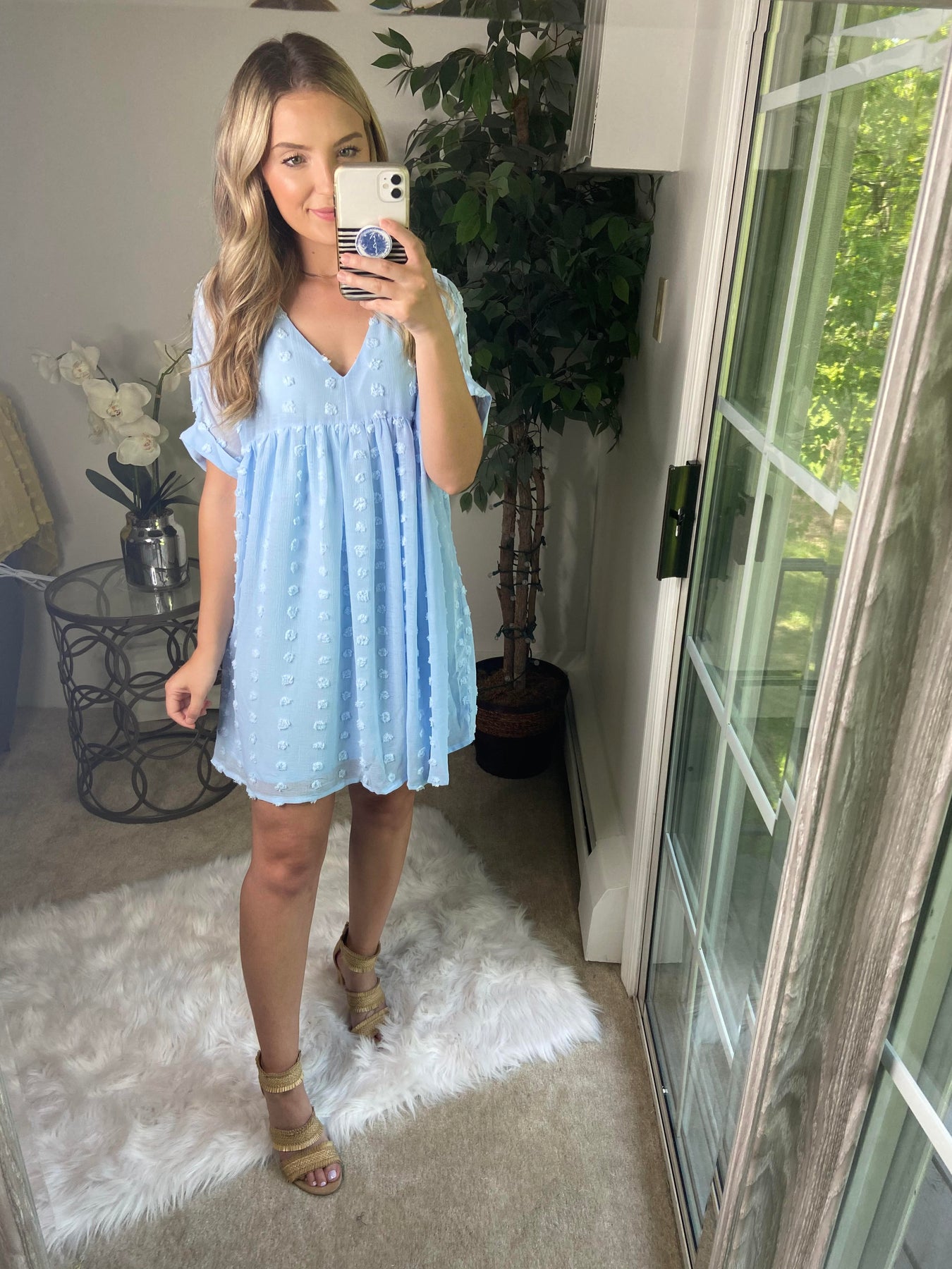 Swiss Dot Babydoll Dress in Powder Blue Mabel & Lou Boutique Swiss Dot Babydoll Dress in Powder Blue Mabel & Lou Boutique