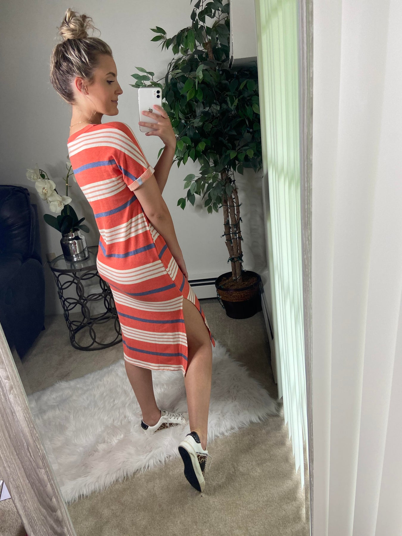 orange striped shirt dress Vsssj Women Striped Printed Casual Elegant Wrap Long Dresses Ruched Slim Tie Waist Vacation Long Sleeve V Neck Shirt Midi Dress Orange L, Women's,
